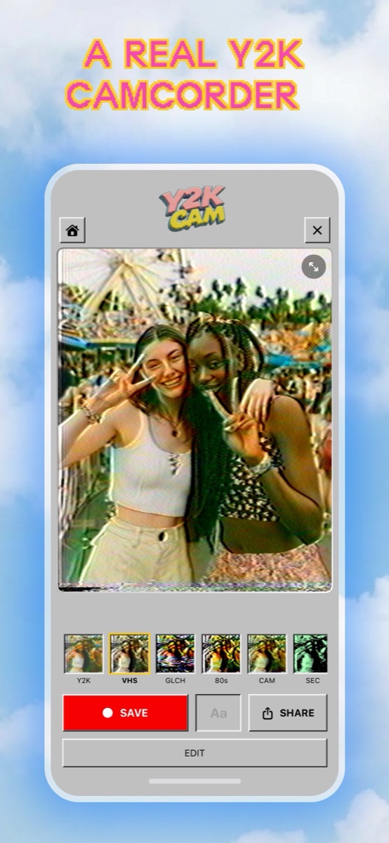 Y2K Cam retro VHS camera app editor on iPhone with VHS, glitch, 80s and security cam filters