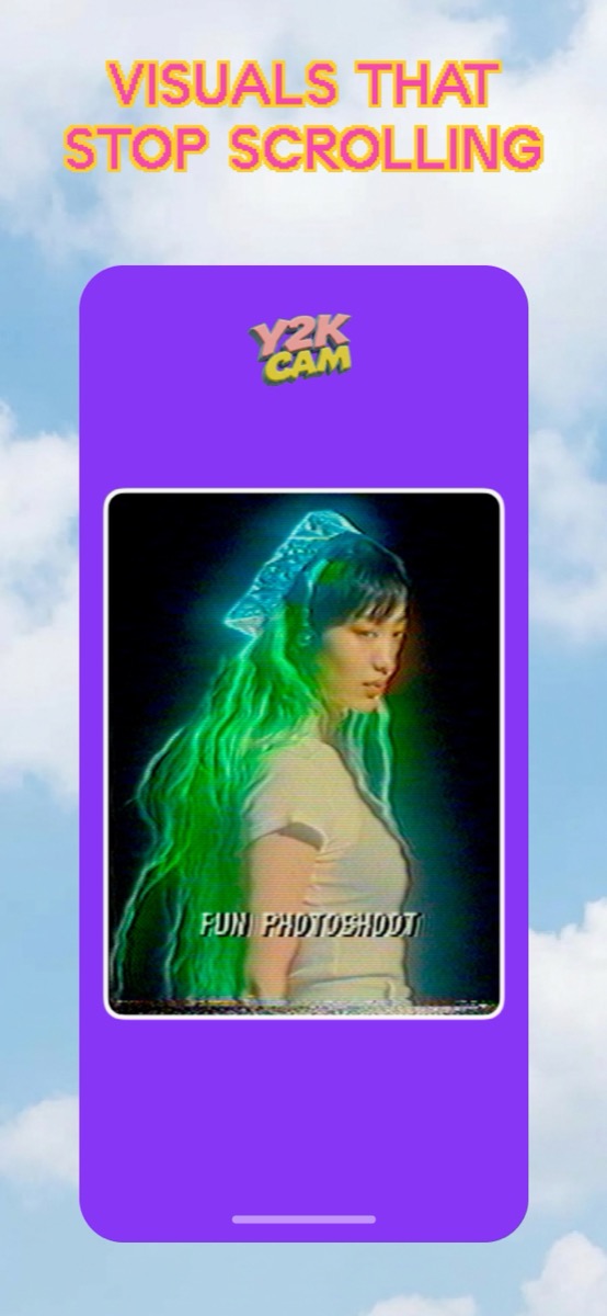 Y2K aesthetic print with degraded VHS caption text on purple background from Y2K Cam