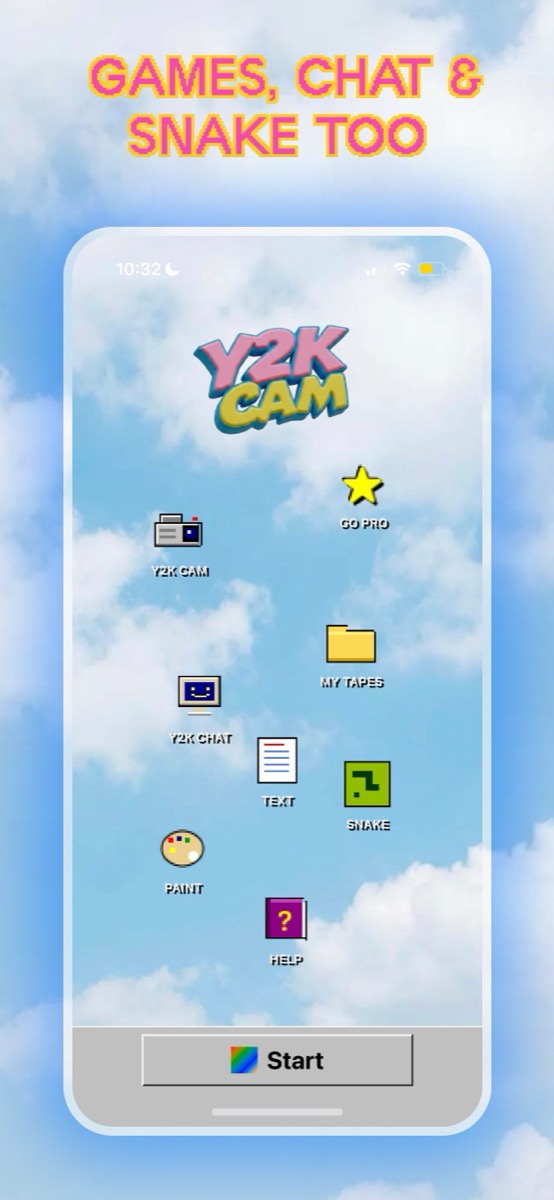 Y2K Cam retro desktop home screen with camera, chat, Snake and Paint mini apps